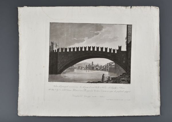 Bennassuti Giuseppe 1825 BLICK AUF DEN RENOMATISSIMO-BOGEN DER BRÜCKE VON CASTEL VECCHIO IN VERONA UND AUF DAS LUNGADIGE VON S.LORENZO
    