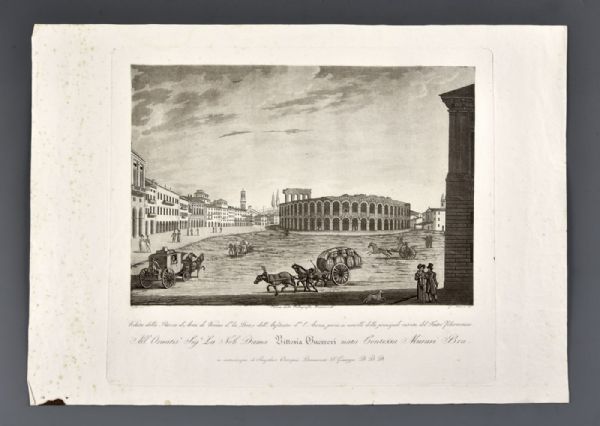 Bennassuti Giuseppe "Blick auf die Piazza d'armi von Verona, genannt Bra, und das Amphitheater, genannt Arena, vor den Toren des Haupteingangs des Philharmonischen Theaters
    