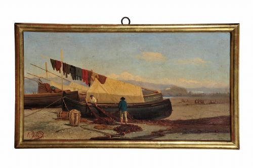Jotti Carlo (Milão, 1825-1906) "Riva Cornigliano - Depois de pesca"